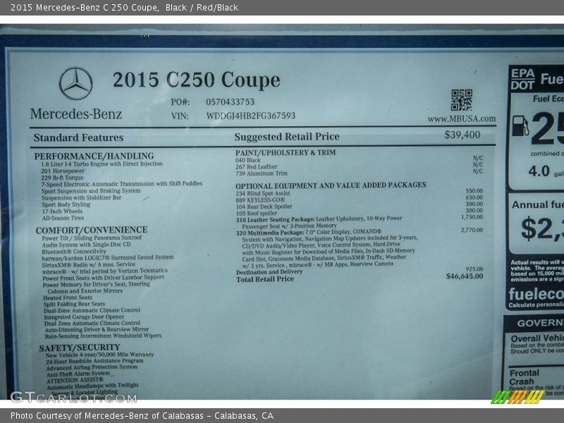  2015 C 250 Coupe Window Sticker