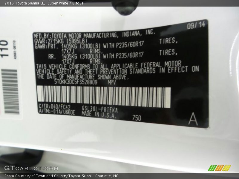 Super White / Bisque 2015 Toyota Sienna LE