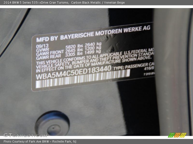 2014 5 Series 535i xDrive Gran Turismo Carbon Black Metallic Color Code 416