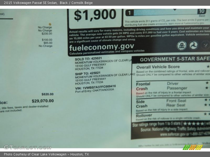 Black / Cornsilk Beige 2015 Volkswagen Passat SE Sedan