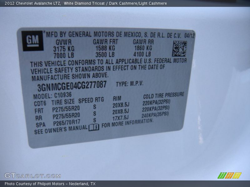 White Diamond Tricoat / Dark Cashmere/Light Cashmere 2012 Chevrolet Avalanche LTZ