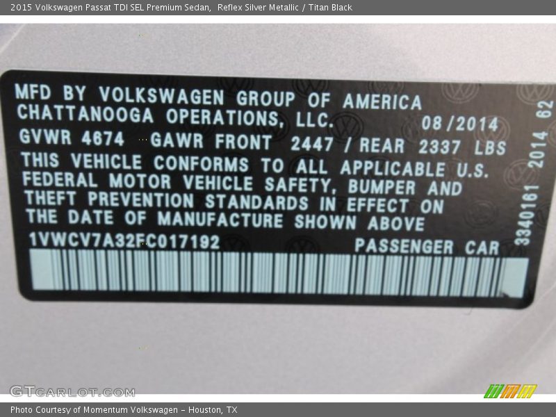 Reflex Silver Metallic / Titan Black 2015 Volkswagen Passat TDI SEL Premium Sedan