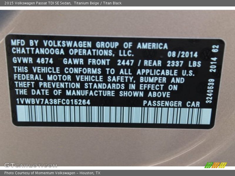 Titanium Beige / Titan Black 2015 Volkswagen Passat TDI SE Sedan