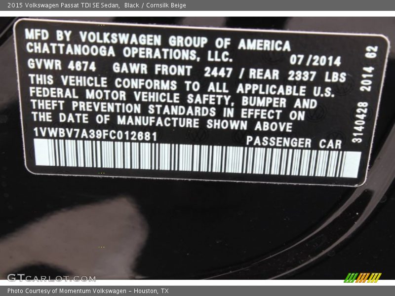 Black / Cornsilk Beige 2015 Volkswagen Passat TDI SE Sedan