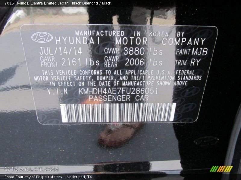 Black Diamond / Black 2015 Hyundai Elantra Limited Sedan