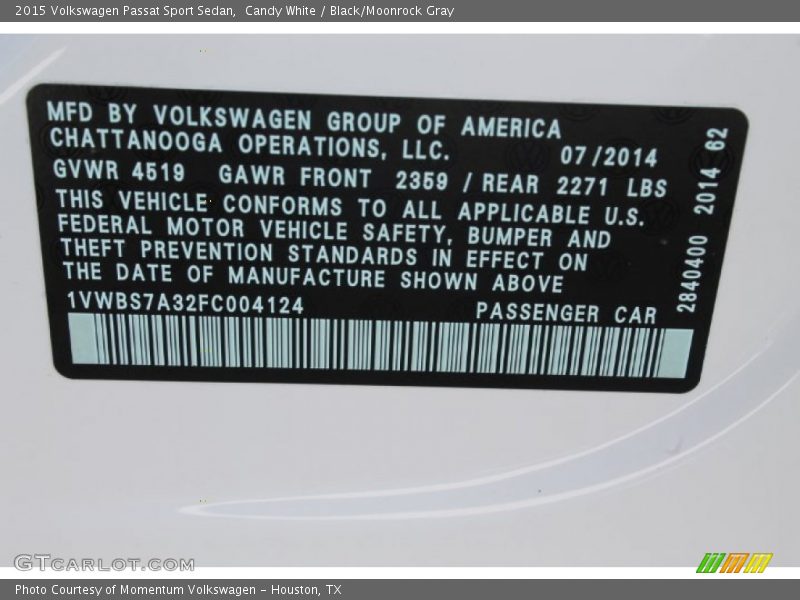 Info Tag of 2015 Passat Sport Sedan