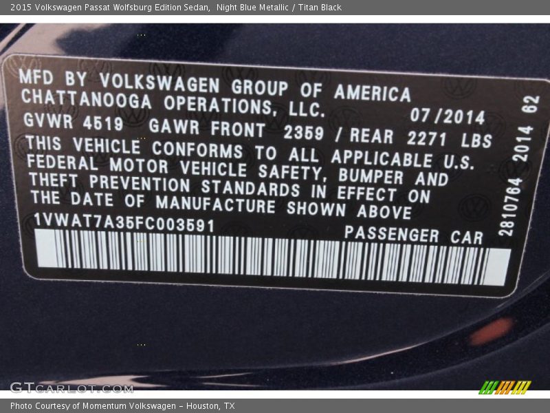 Night Blue Metallic / Titan Black 2015 Volkswagen Passat Wolfsburg Edition Sedan
