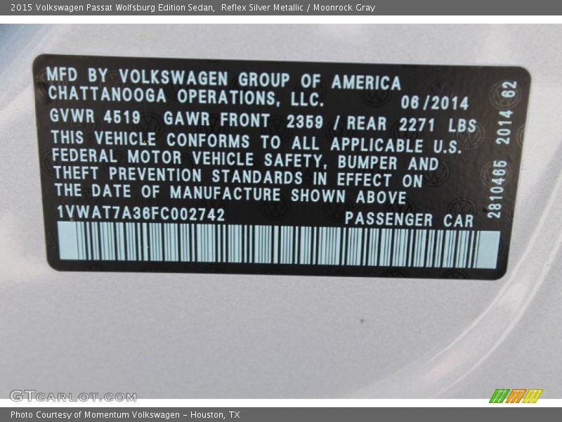 Reflex Silver Metallic / Moonrock Gray 2015 Volkswagen Passat Wolfsburg Edition Sedan