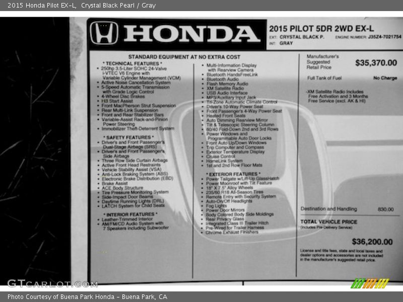 Crystal Black Pearl / Gray 2015 Honda Pilot EX-L