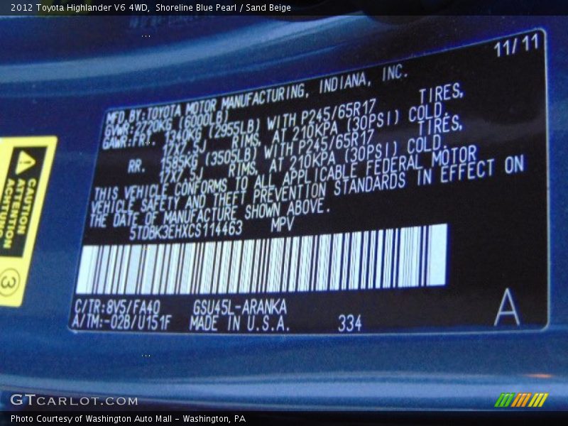 Shoreline Blue Pearl / Sand Beige 2012 Toyota Highlander V6 4WD