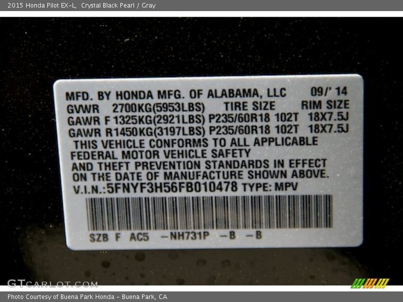 Crystal Black Pearl / Gray 2015 Honda Pilot EX-L