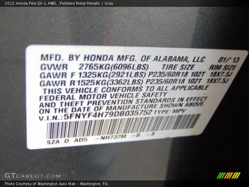 Polished Metal Metallic / Gray 2013 Honda Pilot EX-L 4WD