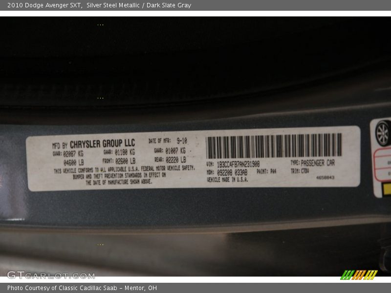 Silver Steel Metallic / Dark Slate Gray 2010 Dodge Avenger SXT