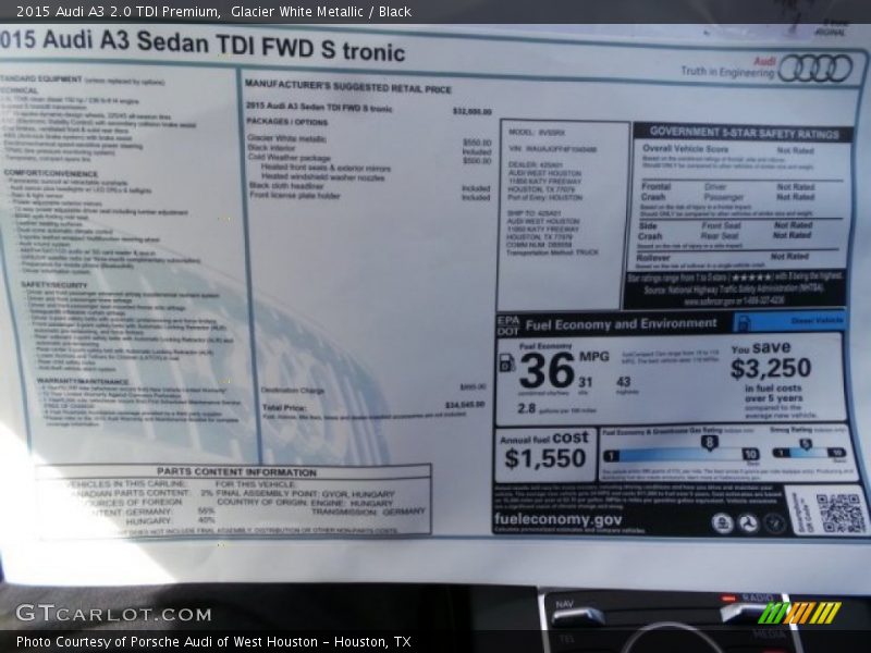 Glacier White Metallic / Black 2015 Audi A3 2.0 TDI Premium