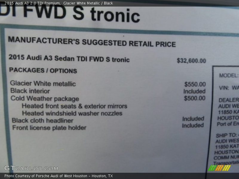 Glacier White Metallic / Black 2015 Audi A3 2.0 TDI Premium