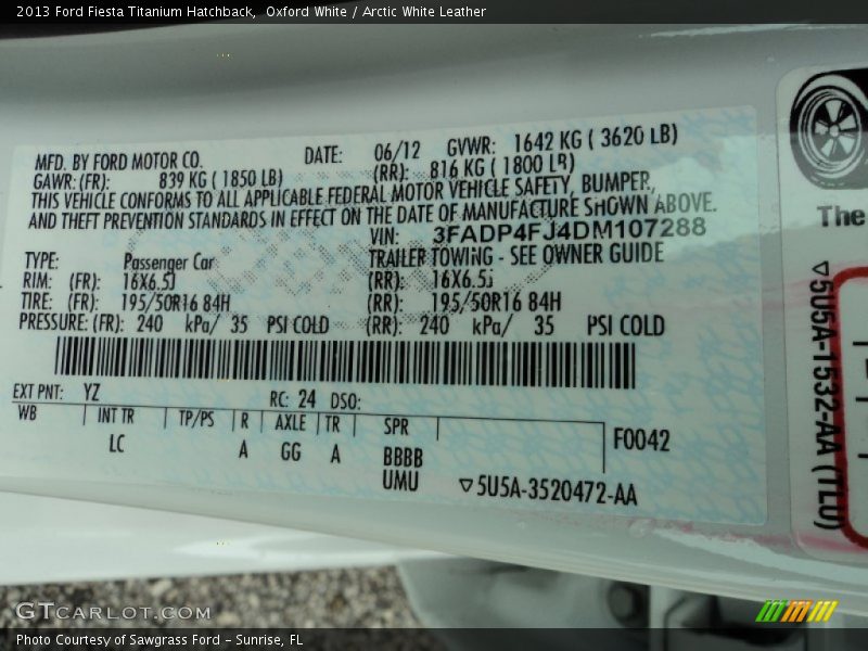 2013 Fiesta Titanium Hatchback Oxford White Color Code YZ