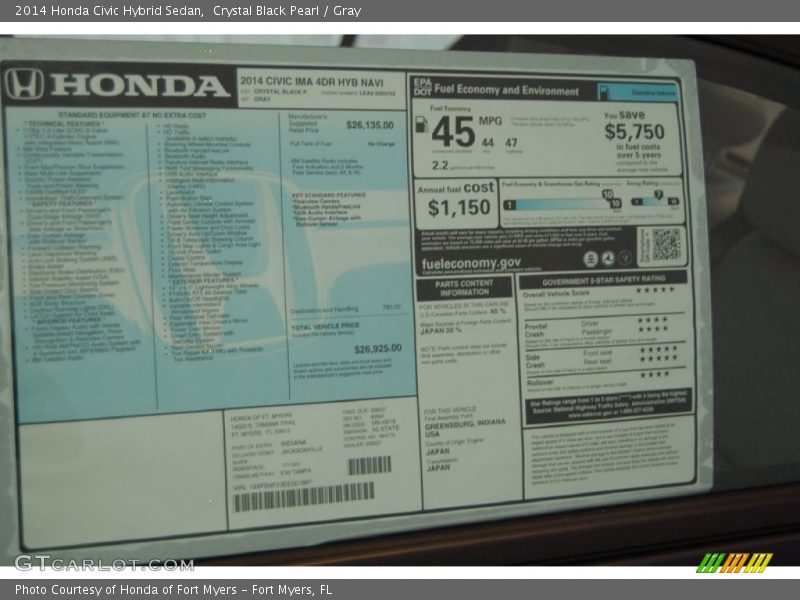 Crystal Black Pearl / Gray 2014 Honda Civic Hybrid Sedan