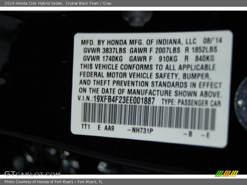 2014 Civic Hybrid Sedan Crystal Black Pearl Color Code NH731P