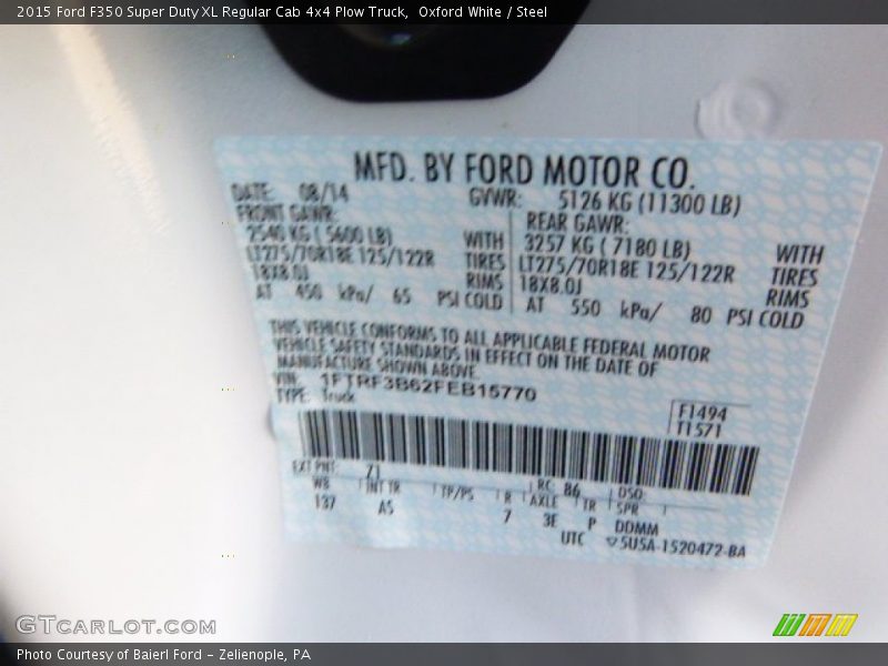 2015 F350 Super Duty XL Regular Cab 4x4 Plow Truck Oxford White Color Code Z1