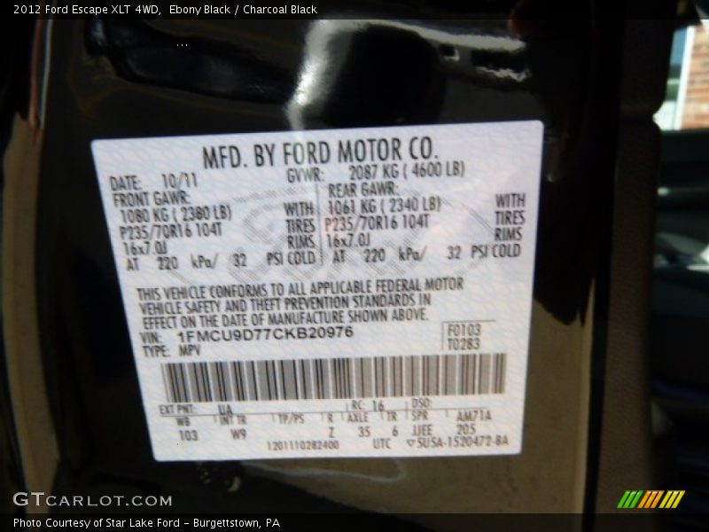 Ebony Black / Charcoal Black 2012 Ford Escape XLT 4WD