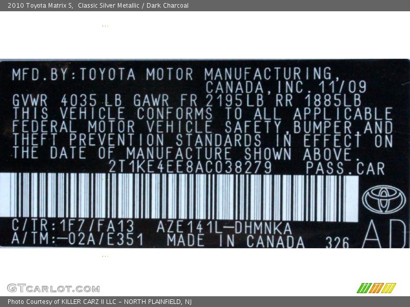 Classic Silver Metallic / Dark Charcoal 2010 Toyota Matrix S