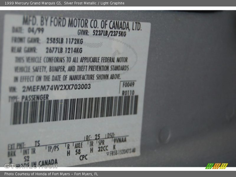 Silver Frost Metallic / Light Graphite 1999 Mercury Grand Marquis GS