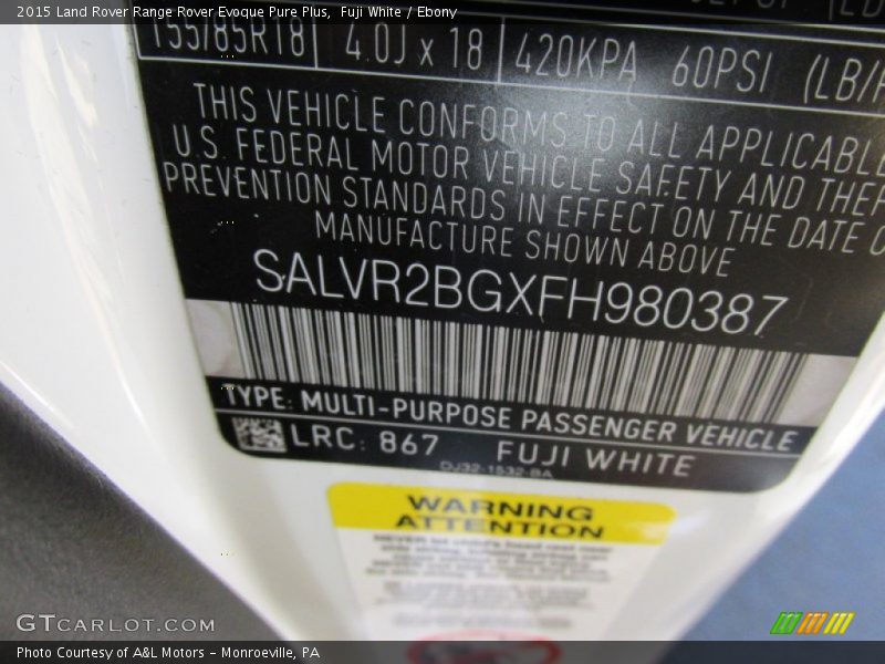 2015 Range Rover Evoque Pure Plus Fuji White Color Code 867