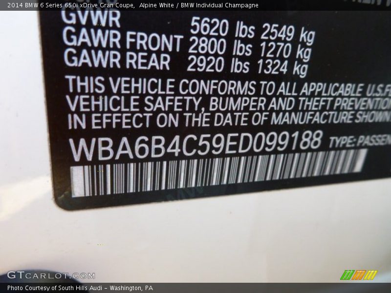 Alpine White / BMW Individual Champagne 2014 BMW 6 Series 650i xDrive Gran Coupe