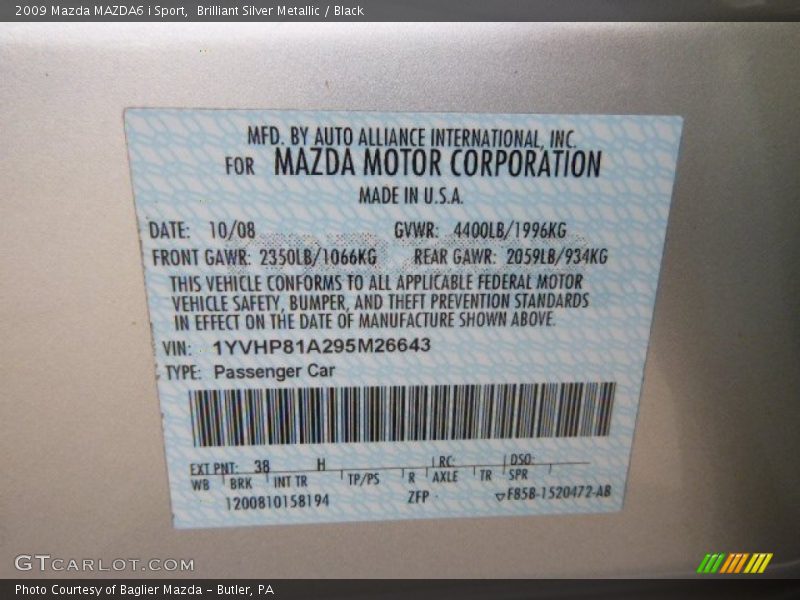 Brilliant Silver Metallic / Black 2009 Mazda MAZDA6 i Sport