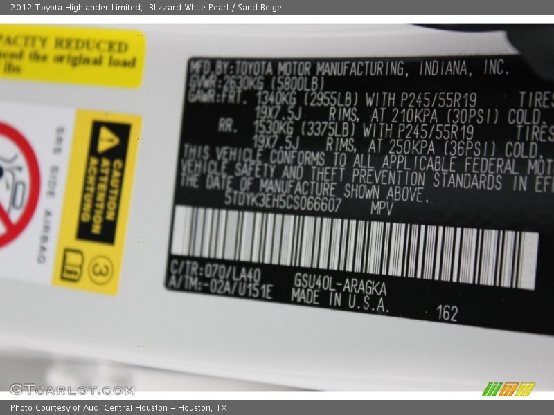Blizzard White Pearl / Sand Beige 2012 Toyota Highlander Limited