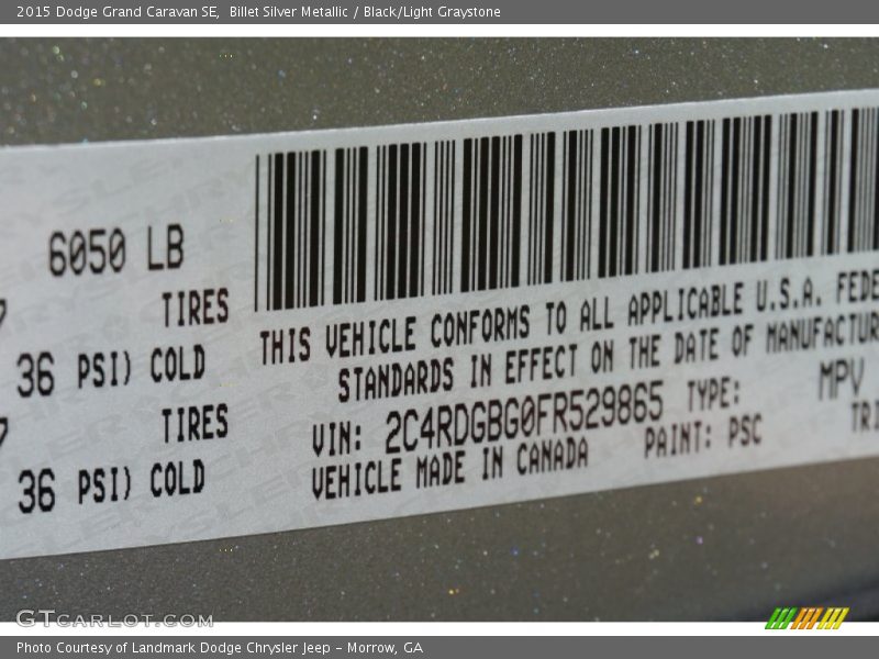 Billet Silver Metallic / Black/Light Graystone 2015 Dodge Grand Caravan SE