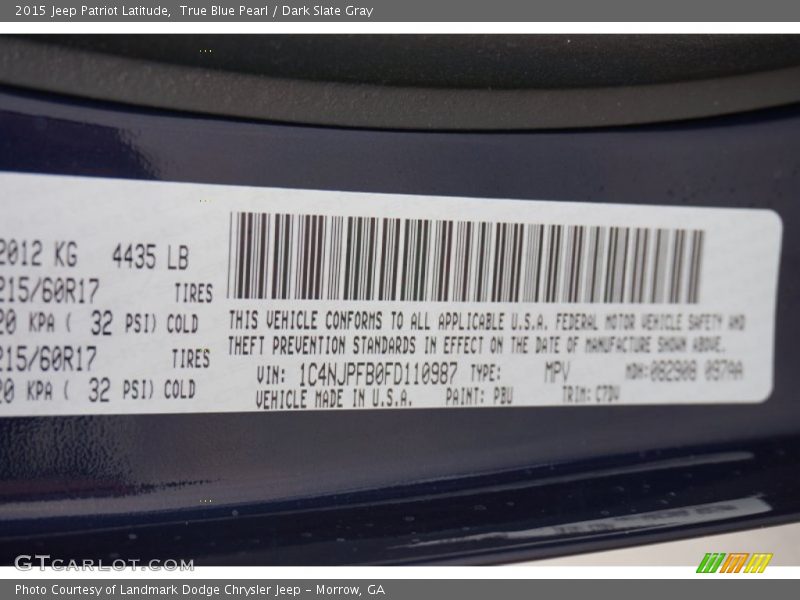 2015 Patriot Latitude True Blue Pearl Color Code PBU