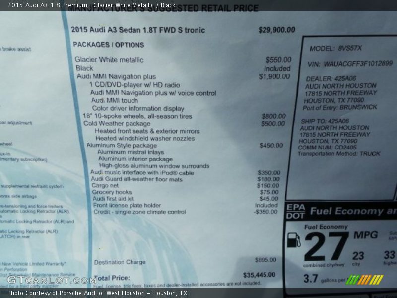 Glacier White Metallic / Black 2015 Audi A3 1.8 Premium