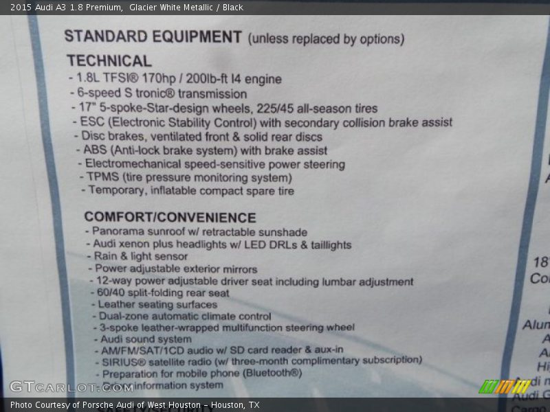 Glacier White Metallic / Black 2015 Audi A3 1.8 Premium