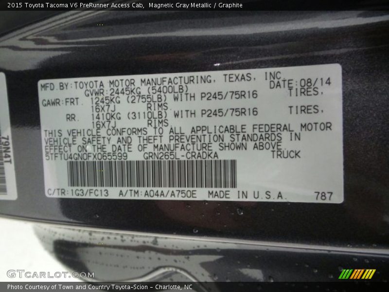 2015 Tacoma V6 PreRunner Access Cab Magnetic Gray Metallic Color Code 1G3