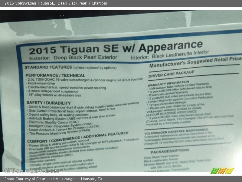 Deep Black Pearl / Charcoal 2015 Volkswagen Tiguan SE