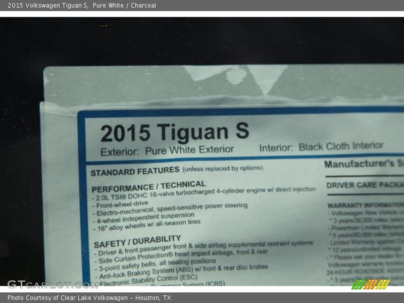 Pure White / Charcoal 2015 Volkswagen Tiguan S