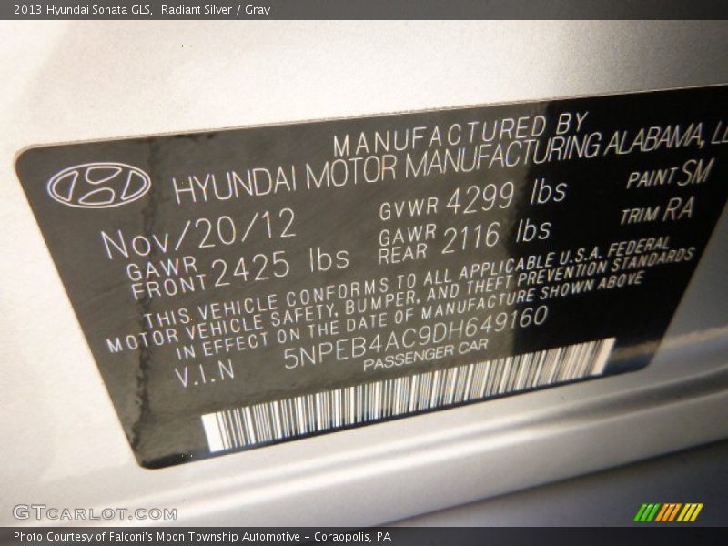 Radiant Silver / Gray 2013 Hyundai Sonata GLS