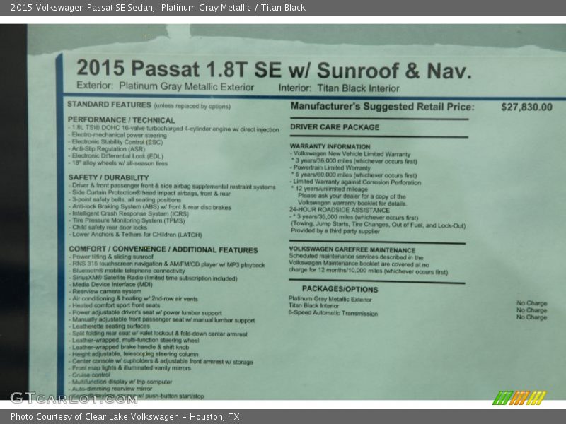  2015 Passat SE Sedan Window Sticker