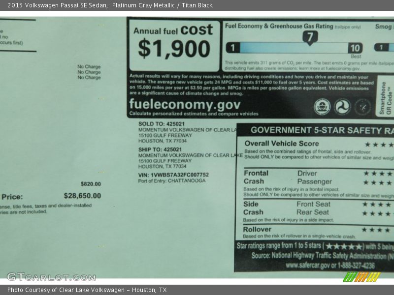 Platinum Gray Metallic / Titan Black 2015 Volkswagen Passat SE Sedan