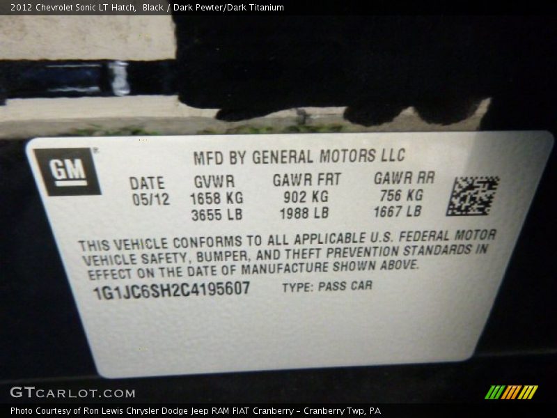 Black / Dark Pewter/Dark Titanium 2012 Chevrolet Sonic LT Hatch