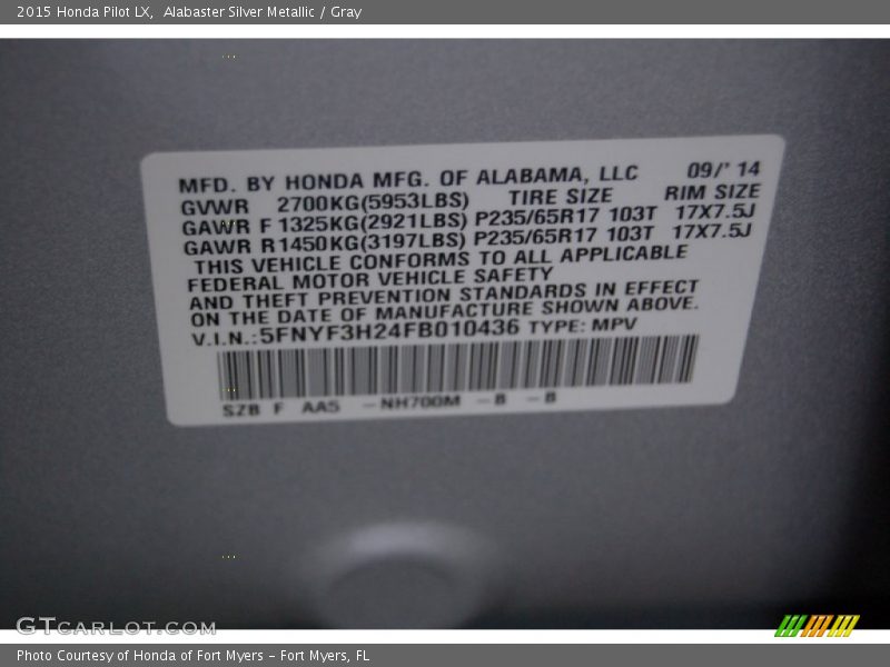 2015 Pilot LX Alabaster Silver Metallic Color Code NH700M