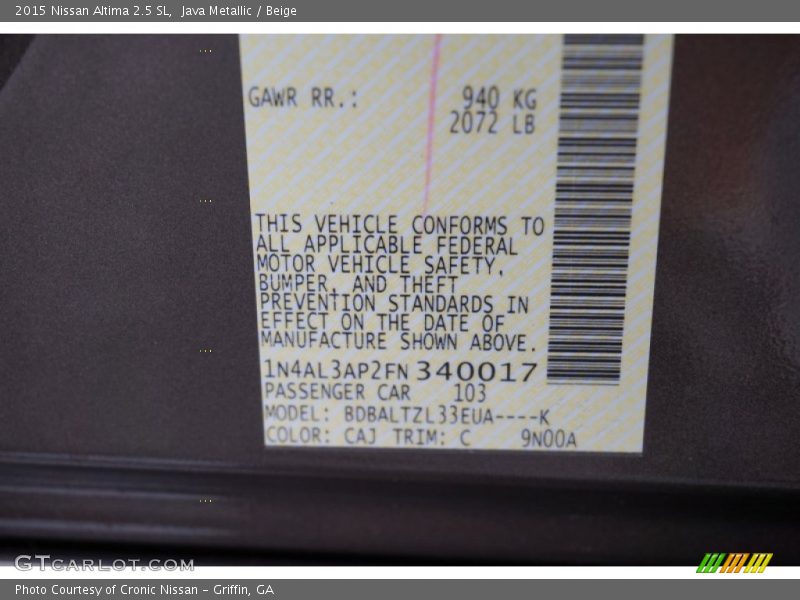 Java Metallic / Beige 2015 Nissan Altima 2.5 SL