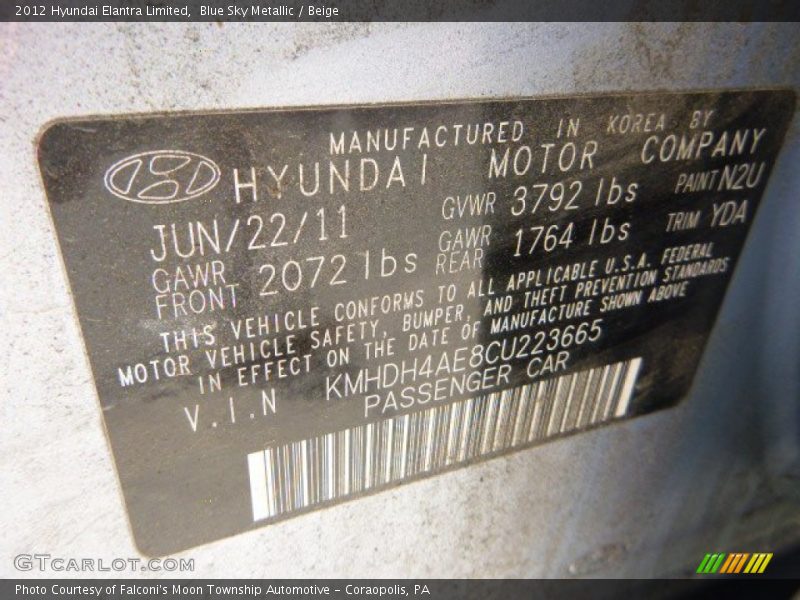 Blue Sky Metallic / Beige 2012 Hyundai Elantra Limited