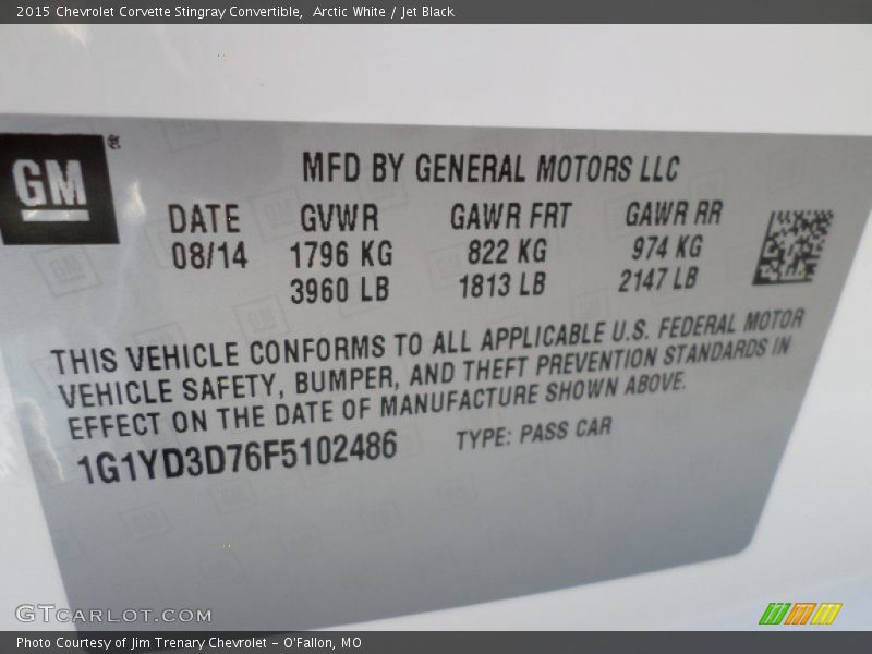 Info Tag of 2015 Corvette Stingray Convertible