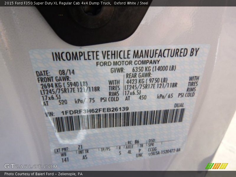 2015 F350 Super Duty XL Regular Cab 4x4 Dump Truck Oxford White Color Code Z1