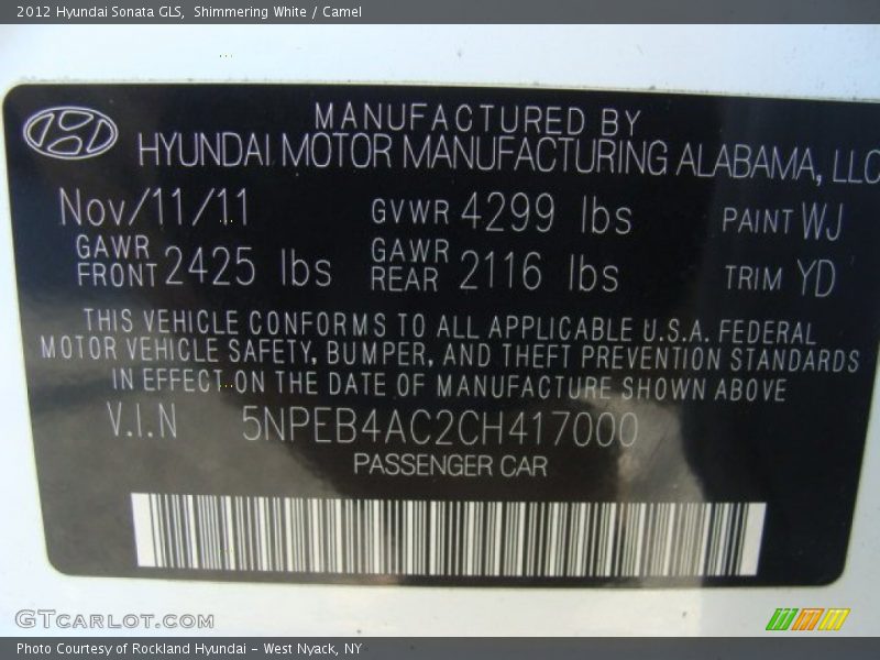Shimmering White / Camel 2012 Hyundai Sonata GLS