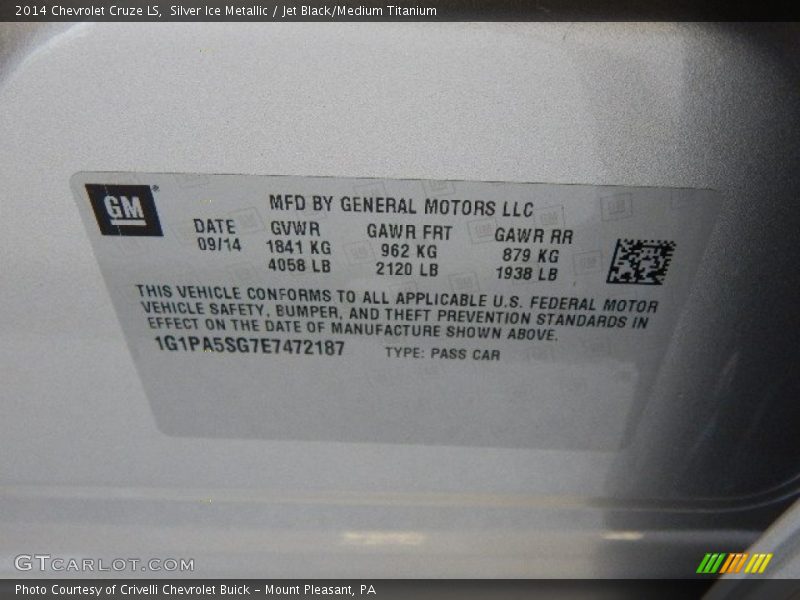 Silver Ice Metallic / Jet Black/Medium Titanium 2014 Chevrolet Cruze LS