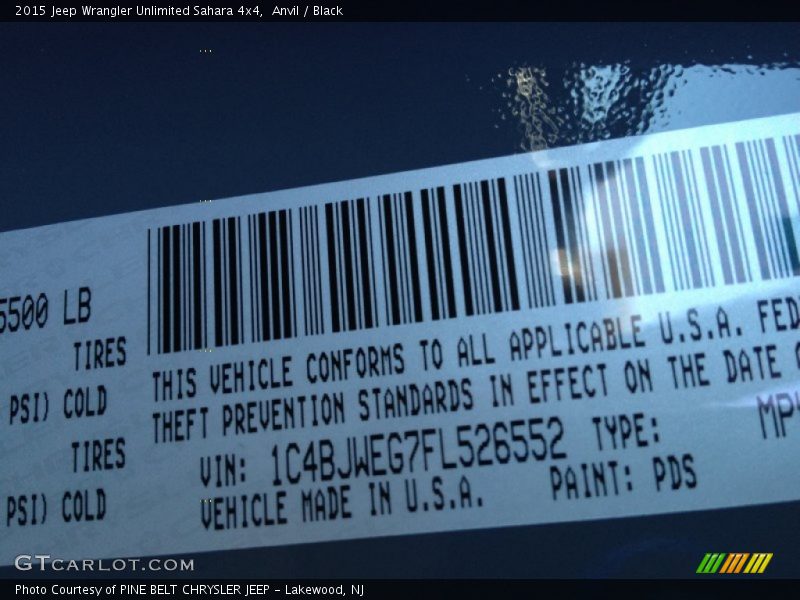 2015 Wrangler Unlimited Sahara 4x4 Anvil Color Code PDS