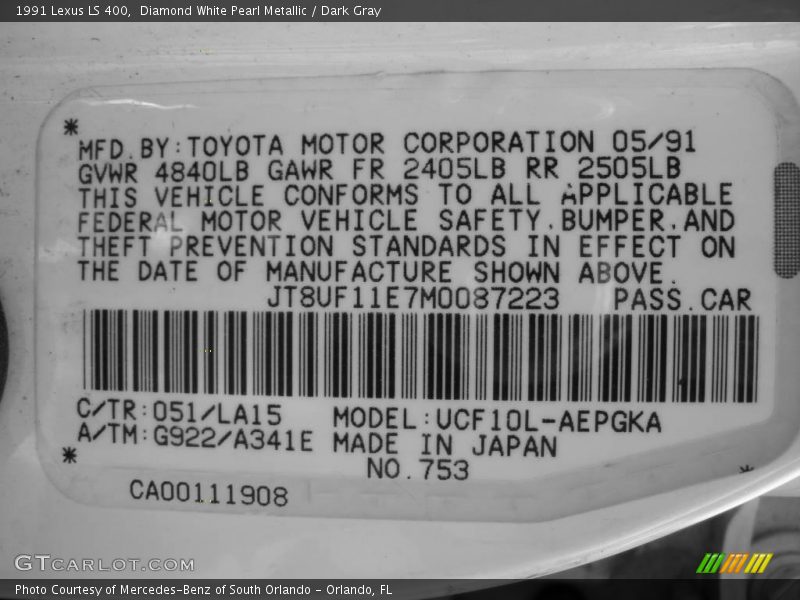 Diamond White Pearl Metallic / Dark Gray 1991 Lexus LS 400